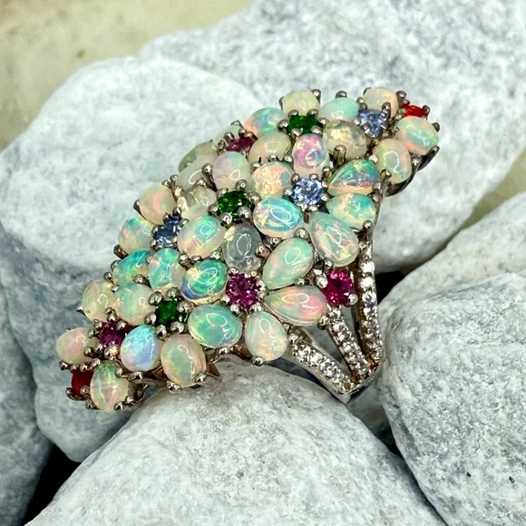 Premium Ethiopian Welo Opal & MultiGemstone 5.75 ctw Statement Ring Platinum/925 - Picture 7 of 17